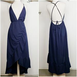 Day and night navy ruffled hi low halter dress